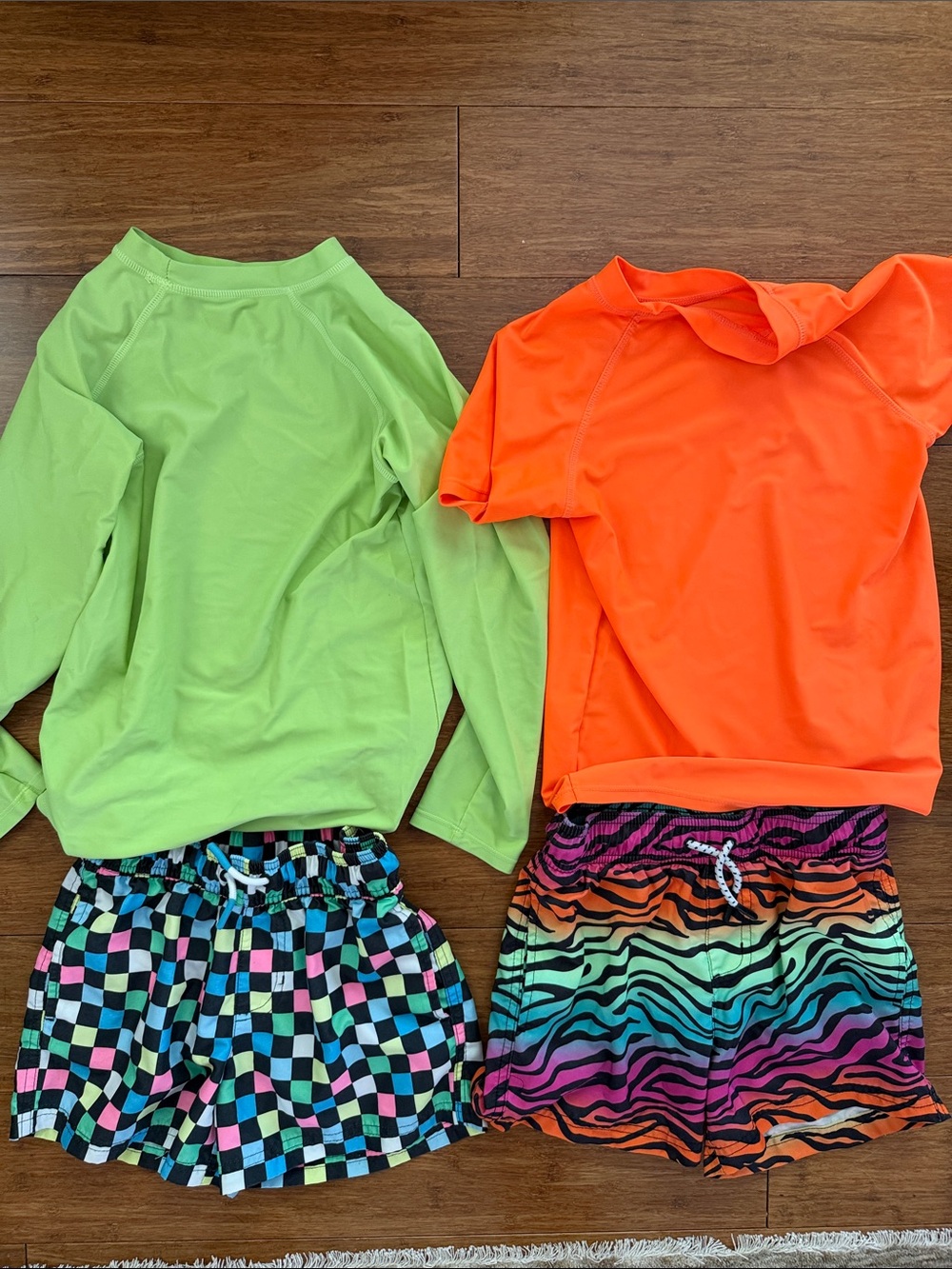 art class Neon Orange & Lime Rash Guard Swim Sets with Colorful Printed Shorts